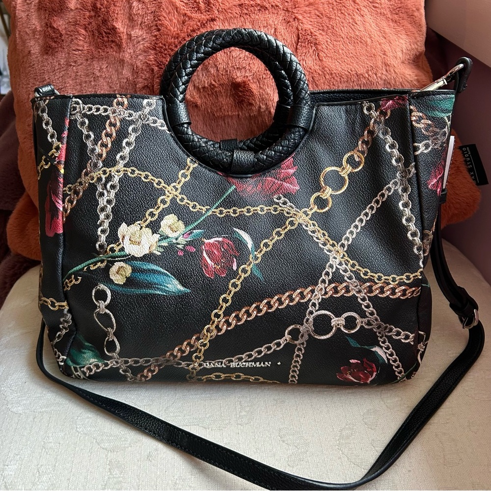 Dana Buchman, black floral vegan satchel crossbody bag